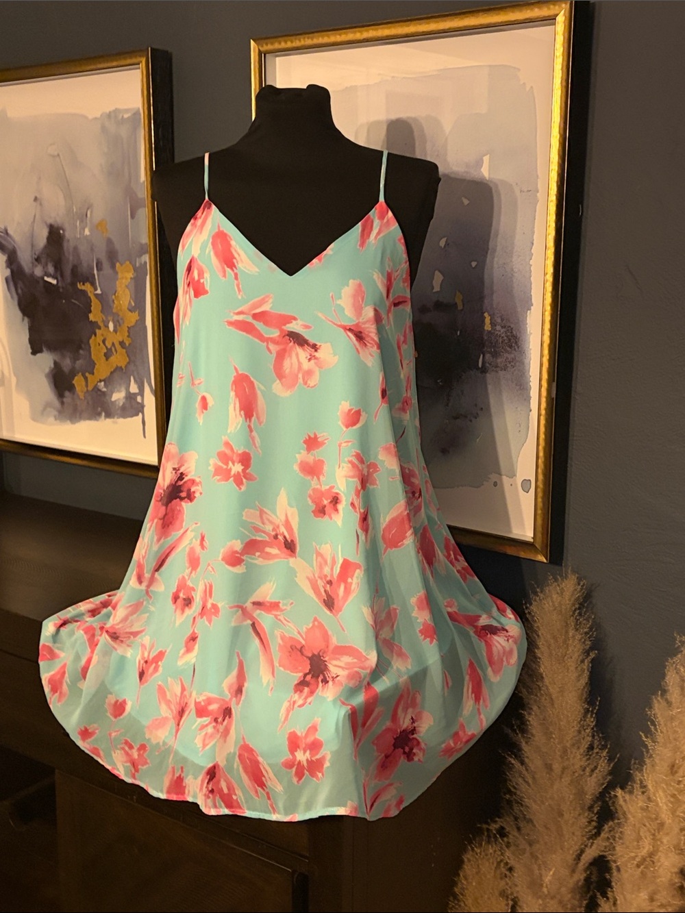 Peach Love California Aqua Slip Dress with Pink Floral Print OS
